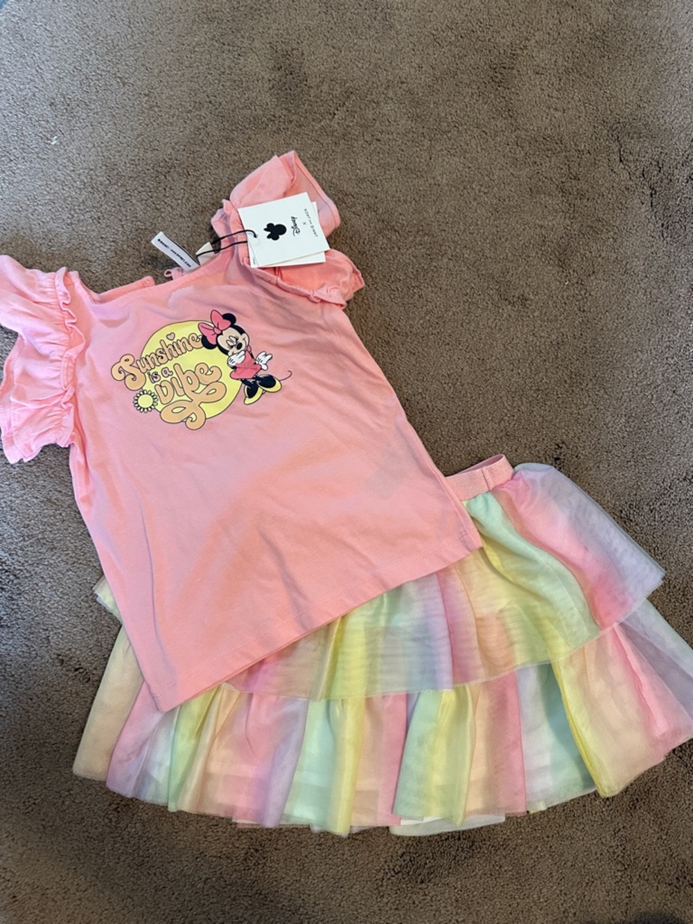 Janie and Jack Pink Minnie Mouse Sunshine Top with Pastel Rainbow Tulle Skirt